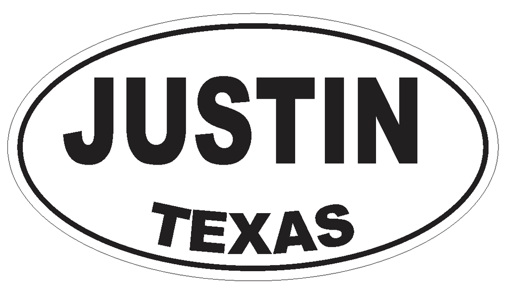 Justin Texas Oval Bumper Sticker or Helmet Sticker D3537 Euro Oval - Winter Park Products