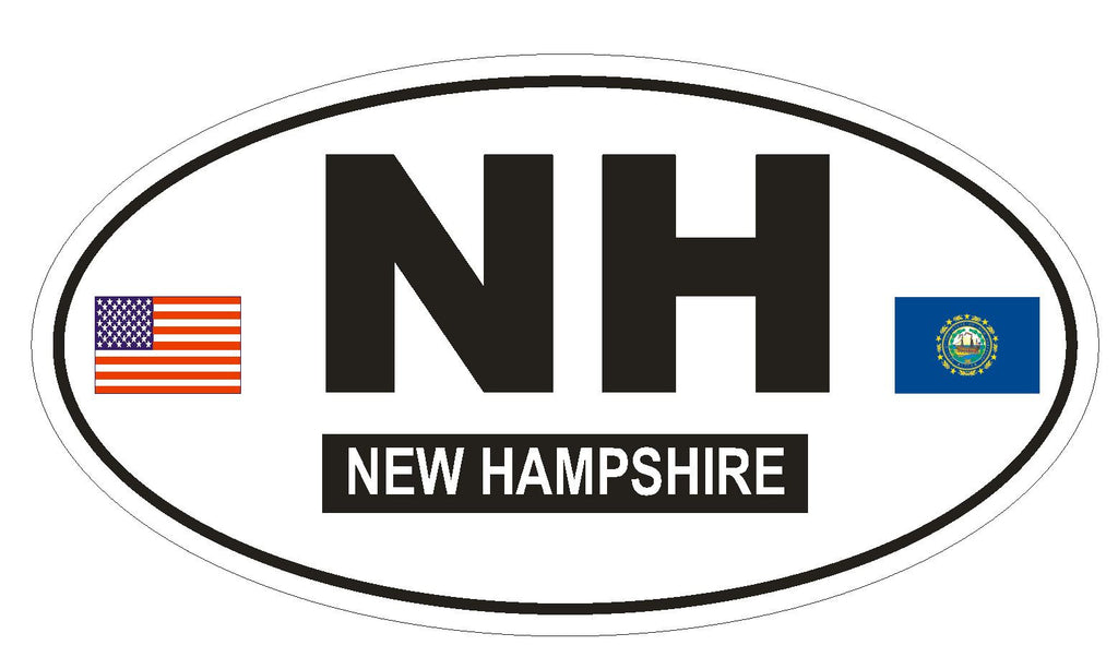 NH New Hampshire Oval Bumper Sticker or Helmet Sticker D785 Euro Oval with Flag - Winter Park Products