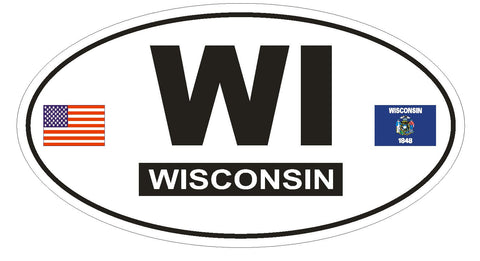 WI Wisconsin Oval Bumper Sticker or Helmet Sticker D766 Euro Oval with Flags - Winter Park Products