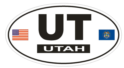 UT Utah Oval Bumper Sticker or Helmet Sticker D771 Euro Oval with Flags - Winter Park Products