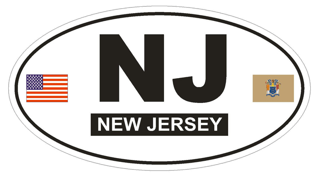 NJ New Jersey Oval Bumper Sticker or Helmet Sticker D784 Euro Oval with Flag - Winter Park Products