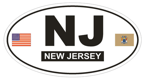 NJ New Jersey Oval Bumper Sticker or Helmet Sticker D784 Euro Oval with Flag - Winter Park Products