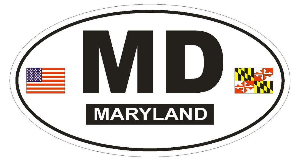 MD Maryland Oval Bumper Sticker or Helmet Sticker D794 Euro Oval with Flags - Winter Park Products