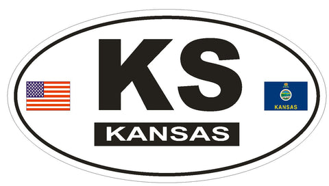 KS Kansas Oval Bumper Sticker or Helmet Sticker D798 Euro Oval with Flags - Winter Park Products