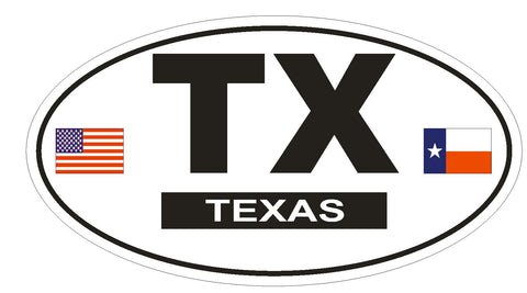 TX Texas Oval Bumper Sticker or Helmet Sticker D763 Euro Oval with Flags - Winter Park Products