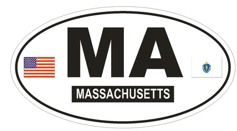 MA Massachusetts Oval Bumper Sticker or Helmet Sticker D793 Euro Oval with Flags - Winter Park Products