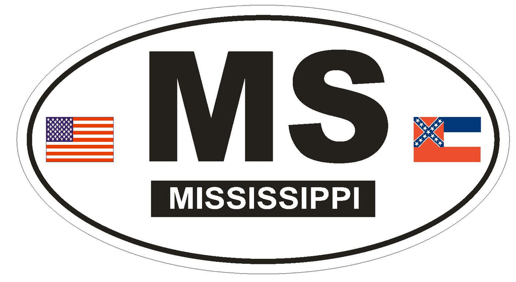 MS Mississippi Oval Bumper Sticker or Helmet Sticker D790 Euro Oval with Flag - Winter Park Products