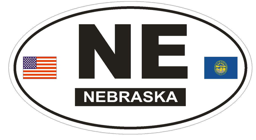 NE Nebraska Oval Bumper Sticker or Helmet Sticker D787 Euro Oval with Flag - Winter Park Products