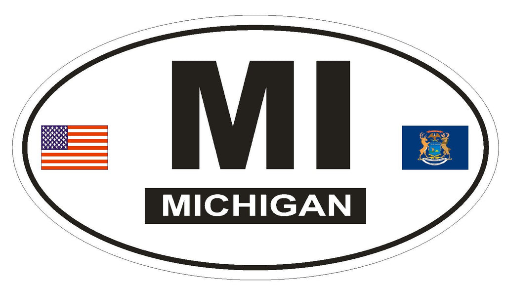 MI Michigan Oval Bumper Sticker or Helmet Sticker D792 Euro Oval with Flag - Winter Park Products
