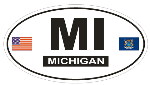 MI Michigan Oval Bumper Sticker or Helmet Sticker D792 Euro Oval with Flag - Winter Park Products