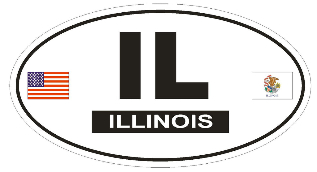 IL Illinois Oval Bumper Sticker or Helmet Sticker D801 Euro Oval with Flags - Winter Park Products