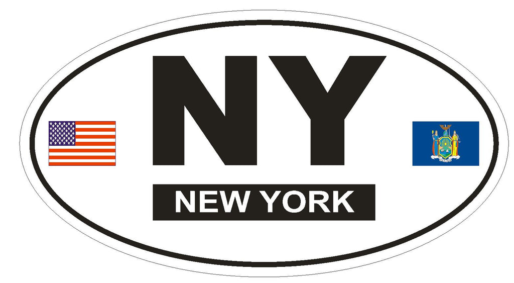 NY New York Oval Bumper Sticker or Helmet Sticker D782 Euro Oval with Flag - Winter Park Products